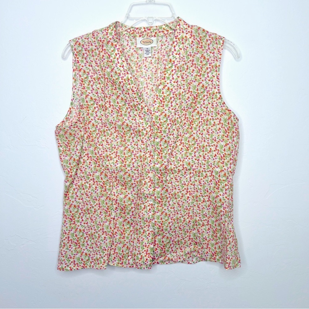 Talbots Linen Shirt Floral Berry Print Button Front Blouse Vest Style Shirt